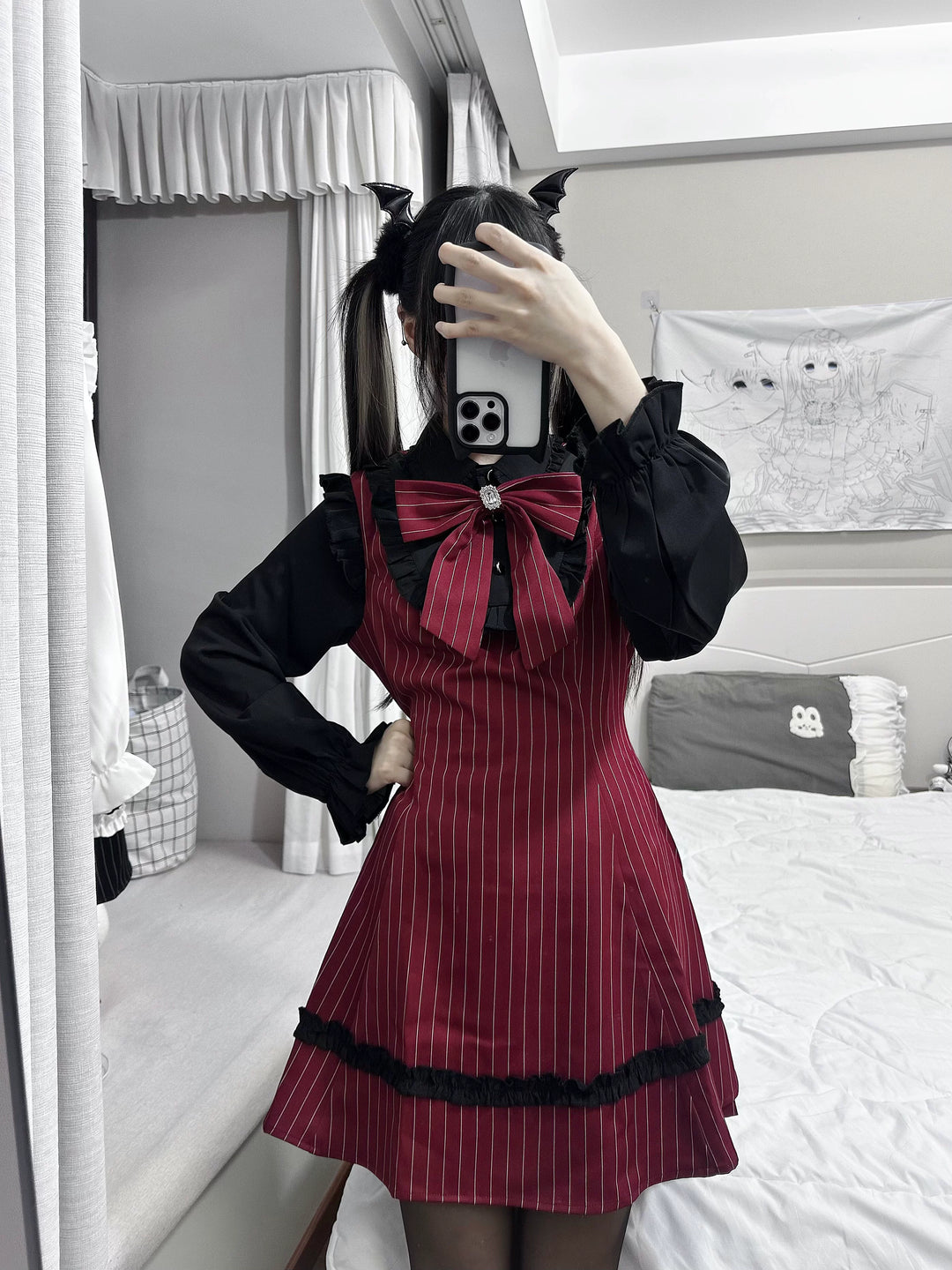 Jirai Kei Striped Long-Sleeve Dress, Detachable Bow (2XL L M S XL) 45797:864469