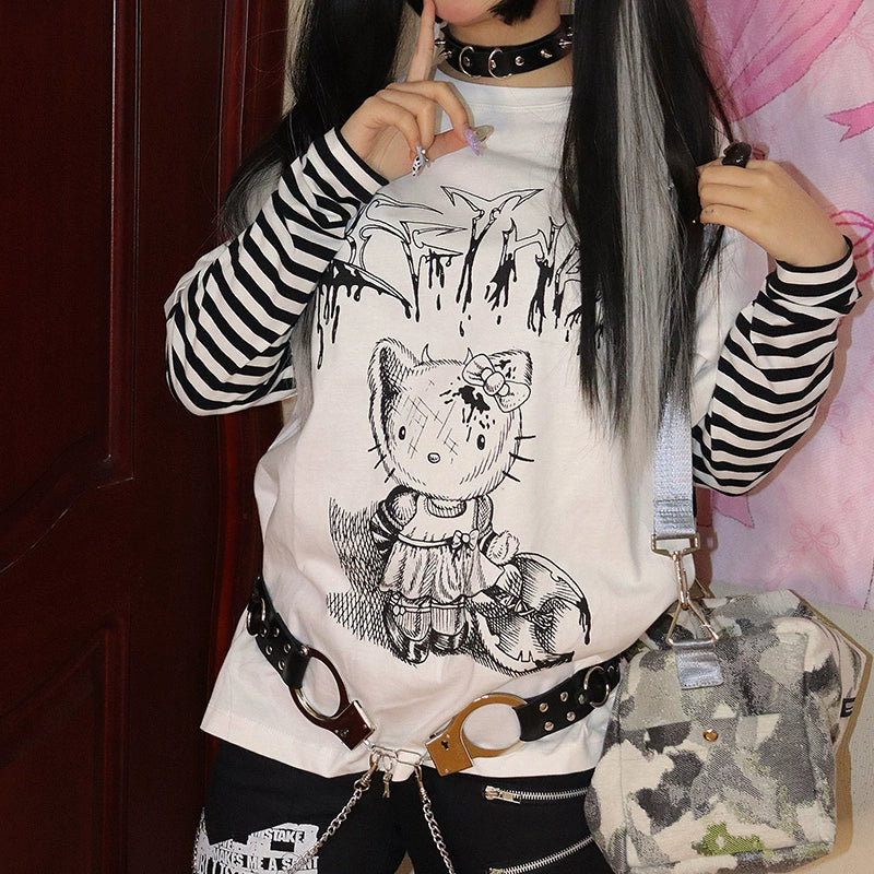 Punk Top Y2K Shirt False Two Striped Long Sleeve T-shirt – Honey Punk Top Y2K Shirt False Two Striped Long Sleeve T-shirt – Honey