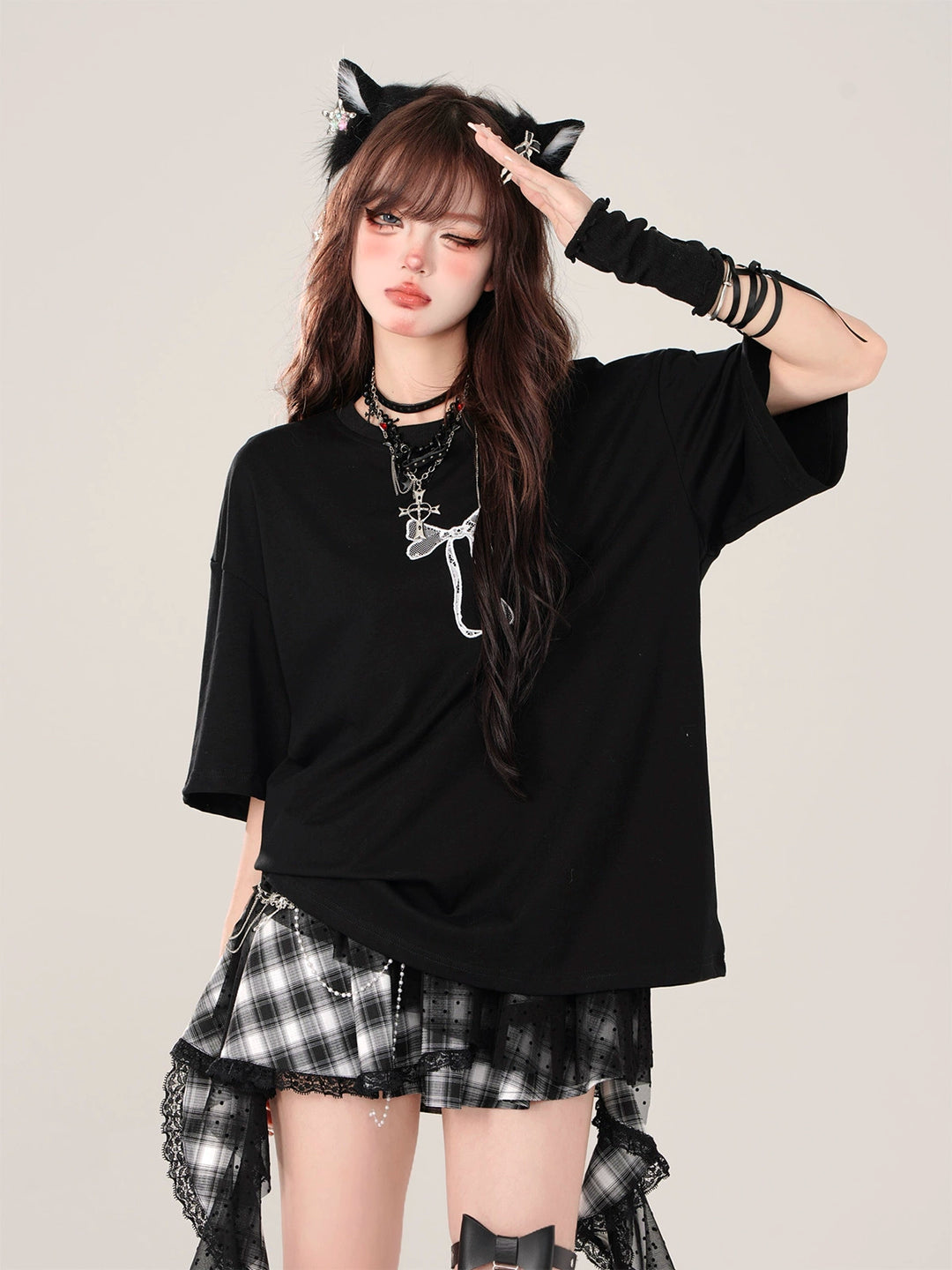 Gyaru Skirt Black Plaid Irregular Polka Dot Mesh Skirt 41996:722046