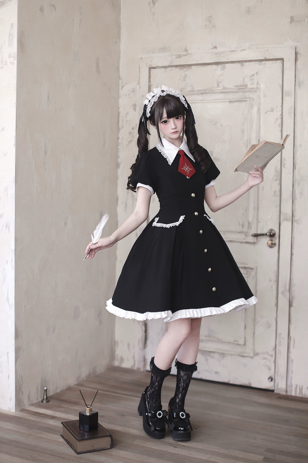 Gothic Lolita Button Closure OP Dress, Detachable Apron 44947:832427