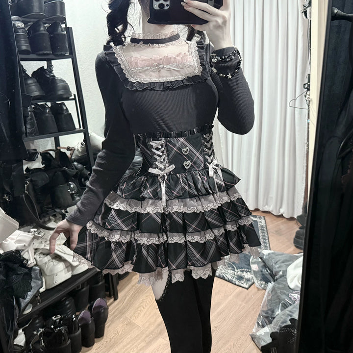 Jirai Kei Knitted Top & Skirt Set, Heart-Shaped Lace Trim 46076:874052