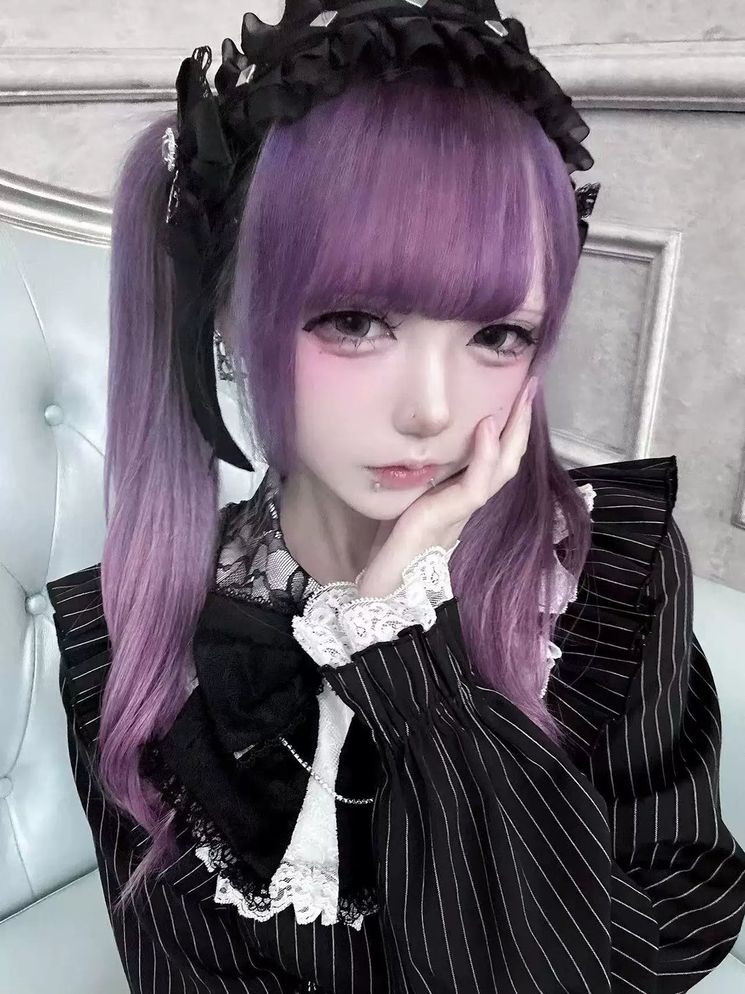 Black Striped Jirai Kei Set Up, Waist-cinching Dress 44921:828323