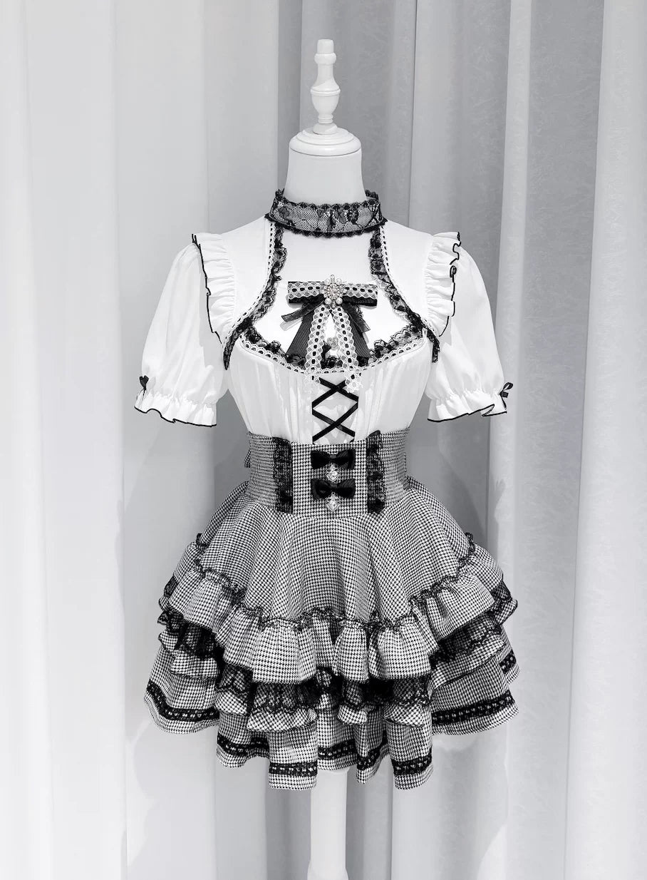 Jirai Kei Heart Lace Collar Blouse, High-waisted Tiered Skirt 45726:862549