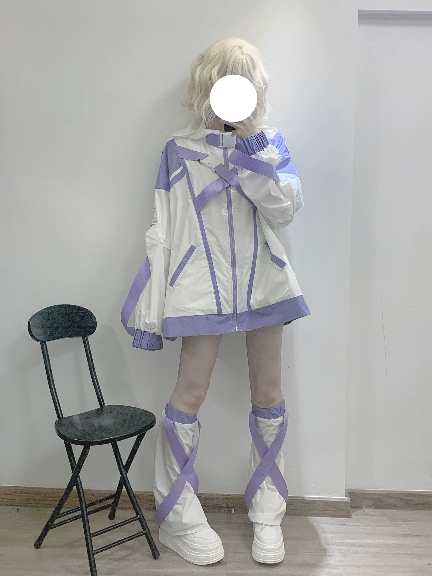 Jirai Kei Hoodie Set Oversize White Purple Sports Coat Set 37124:552966