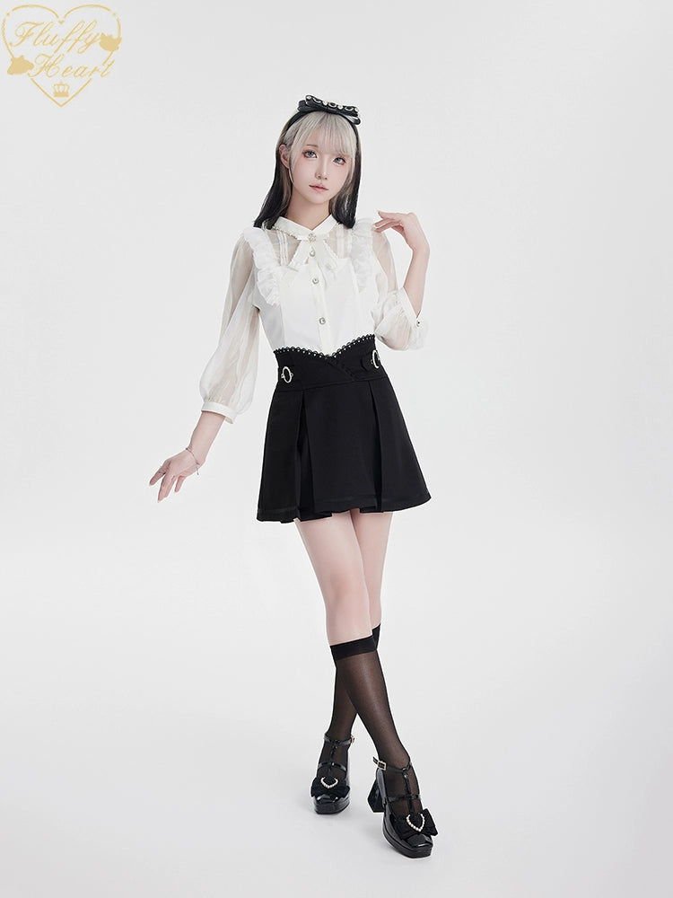 White Pink Jirai Kei Blouse Sheer Lace Shirt with Rhinestone 32914:403878