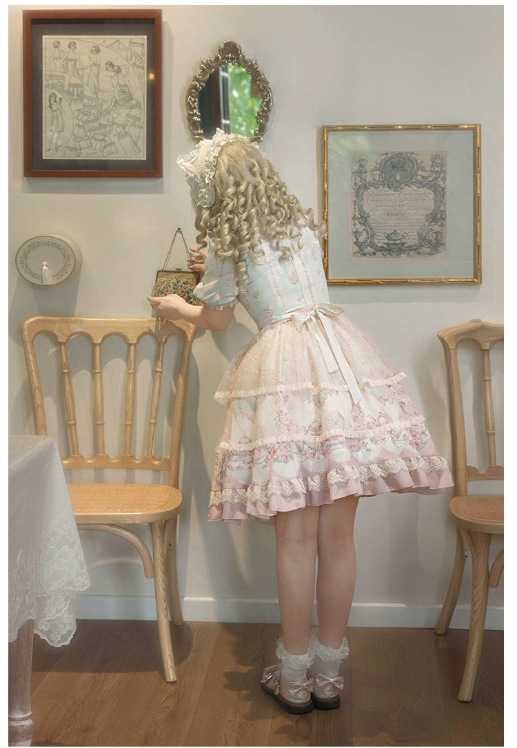 Pink Blue Lolita Dress Short Sleeve Lolita Dress Floral Tea Pot Print 37134:552468