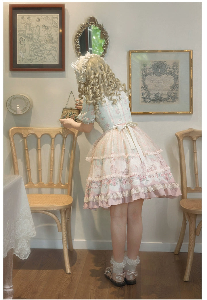 Classic Lolita Dress With Short Sleeve And Floral Tea Pot Print Multicolor 37134:552468