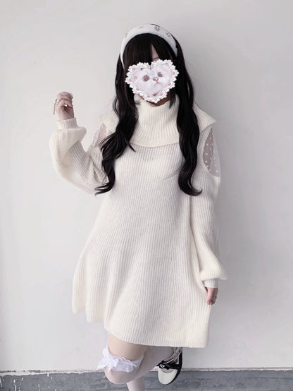 Jirai Kei White Sweater Dress Off-Shoulder Lace Dress 31844:372122