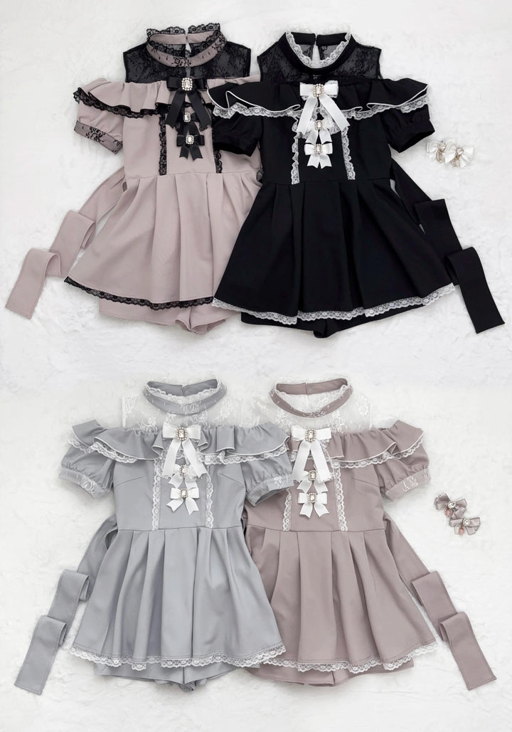 Jirai Kei Dress Set Off-Shoulder Lace Dress Stand Collar 38736:600766