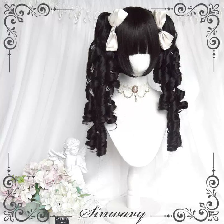 Black Jirai Kei Wig Set Lolita Roman Curly Double Ponytail 42183:730981