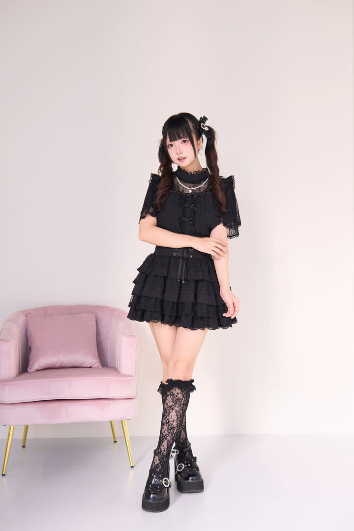 Jirai Kei Pearl Necklace Blouse & Lace-up Cake Skirt Set 43019:765682