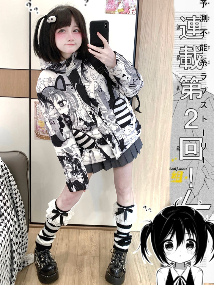 Kawaii Winter Coat Black White Girl Printed Cat Ear Padded Down Jacket 33318:431620 33318:431620