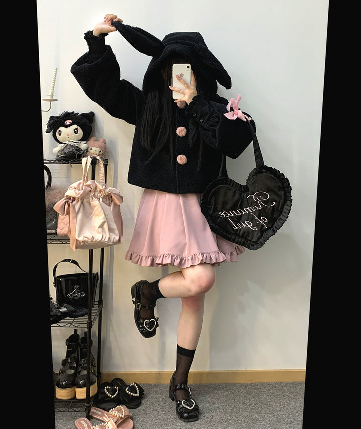 Jirai Kei Winter Coat White Black Plush Jacket With Rabbit Ear (Black) 31854:372648 (Black) 31854:372648