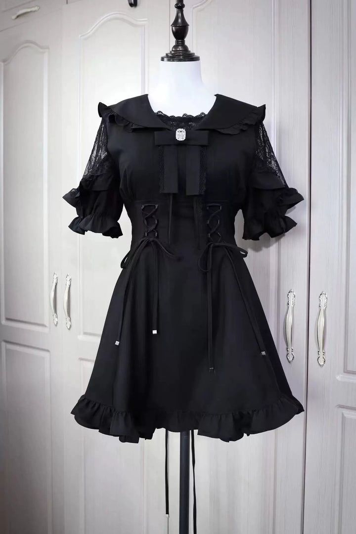 Jirai Kei Dress Sailor Collar Black Dress Slim Fitting Dress Set 38730:599310