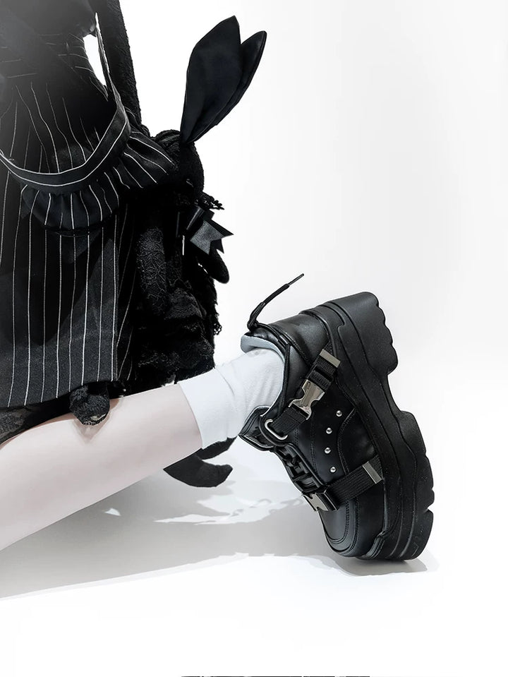 White/Black Punk High Platform Shoes, Metal Buckles 44400:807748
