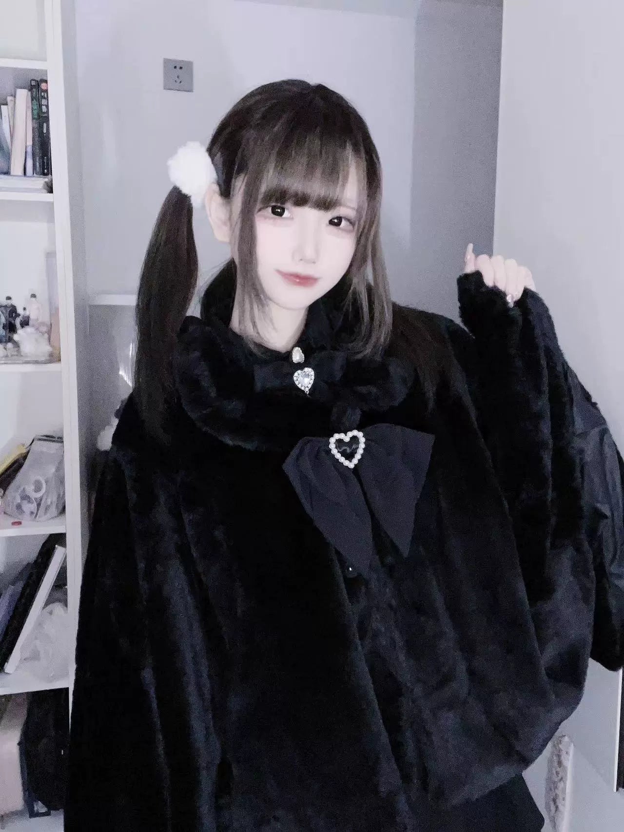 Jirai Kei Winter Coat Warm Faux Rabbit Fur Cape (Black) 34376:460542