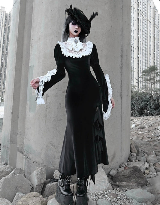 Black Gothic Lolita Dress Halloween Velvet Long Mermaid Dress 35540:495830