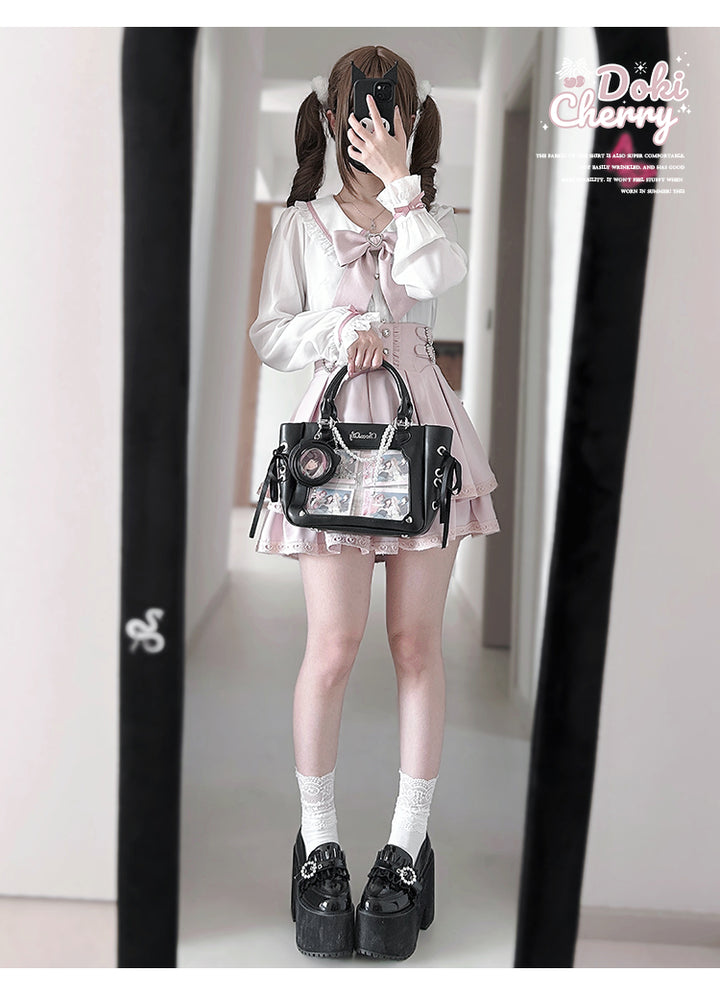 Jirai Kei Outfit A-Line Skirt and Long-Sleeved Blouse with Rhinestone Bow 42520:744280