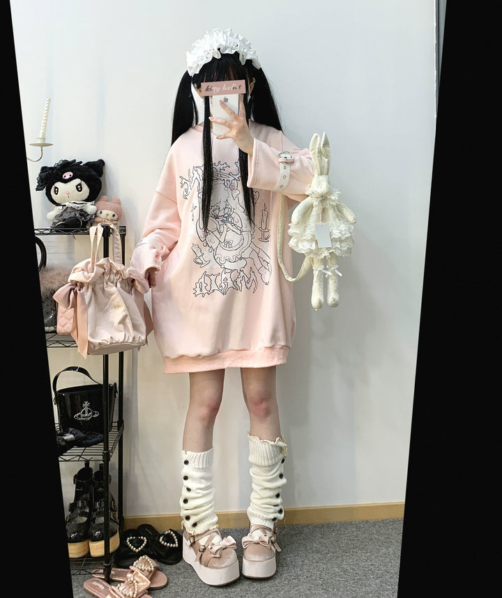 Jirai Kei Fleece Hoodie Pink White Buckle Print Long Hoodie 33356:420448 33356:420448