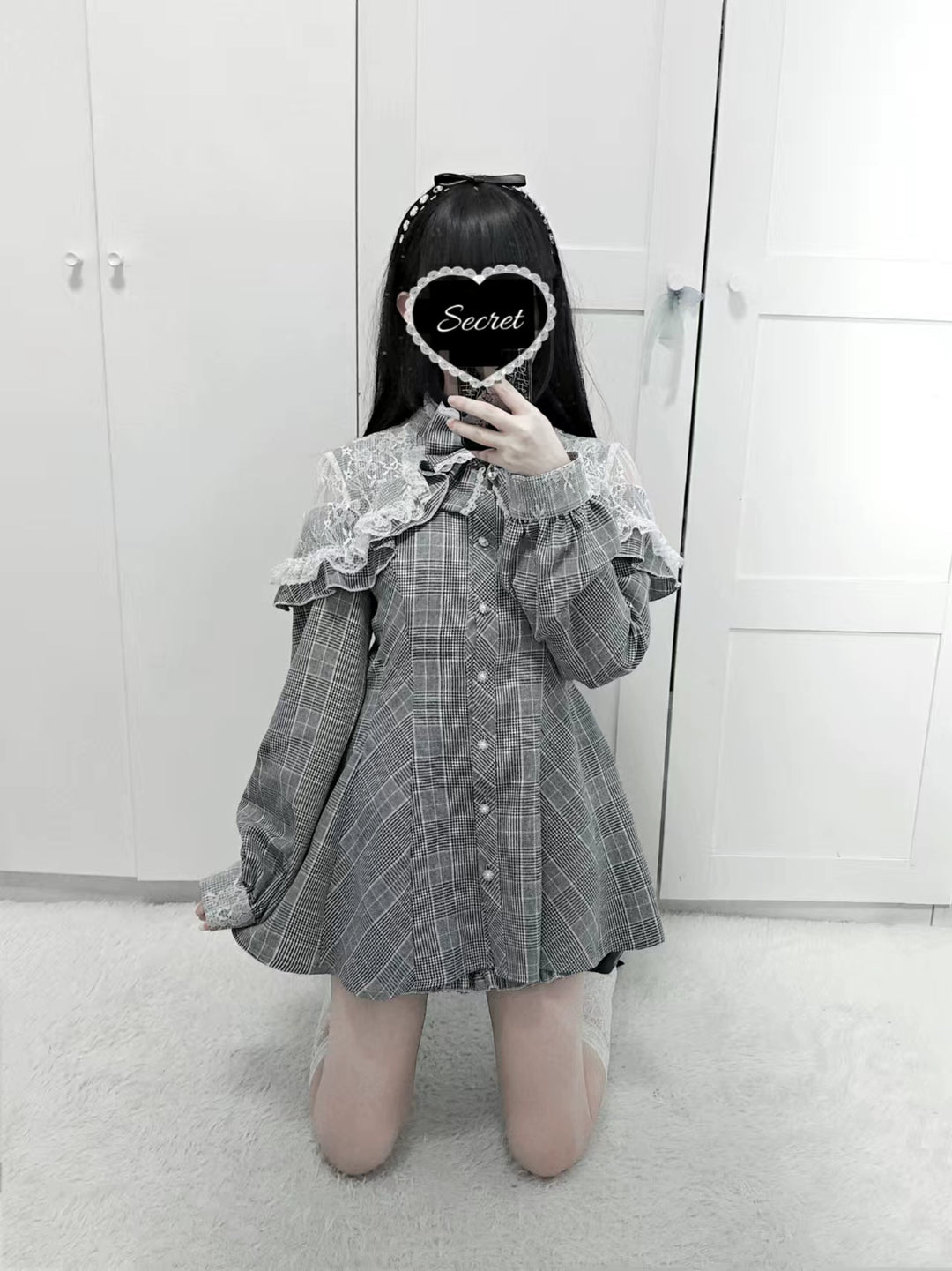 Jirai Kei Dress Set Gray Plaid Long-sleeved Dress And Shorts 41568:704930