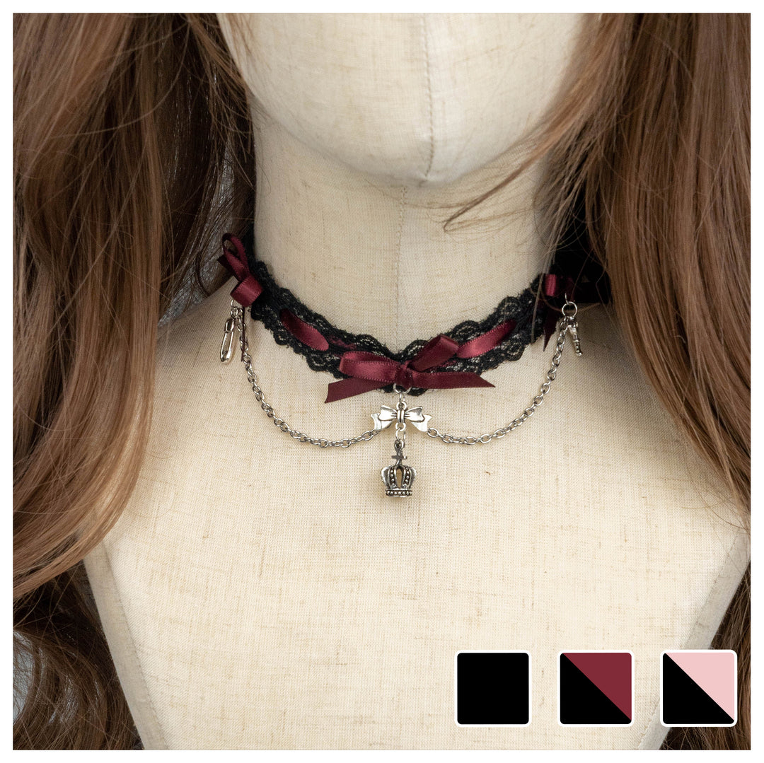 Jirai Kei Black Pink Choker Lace Beaded Chain 21552:308802 21552:308802