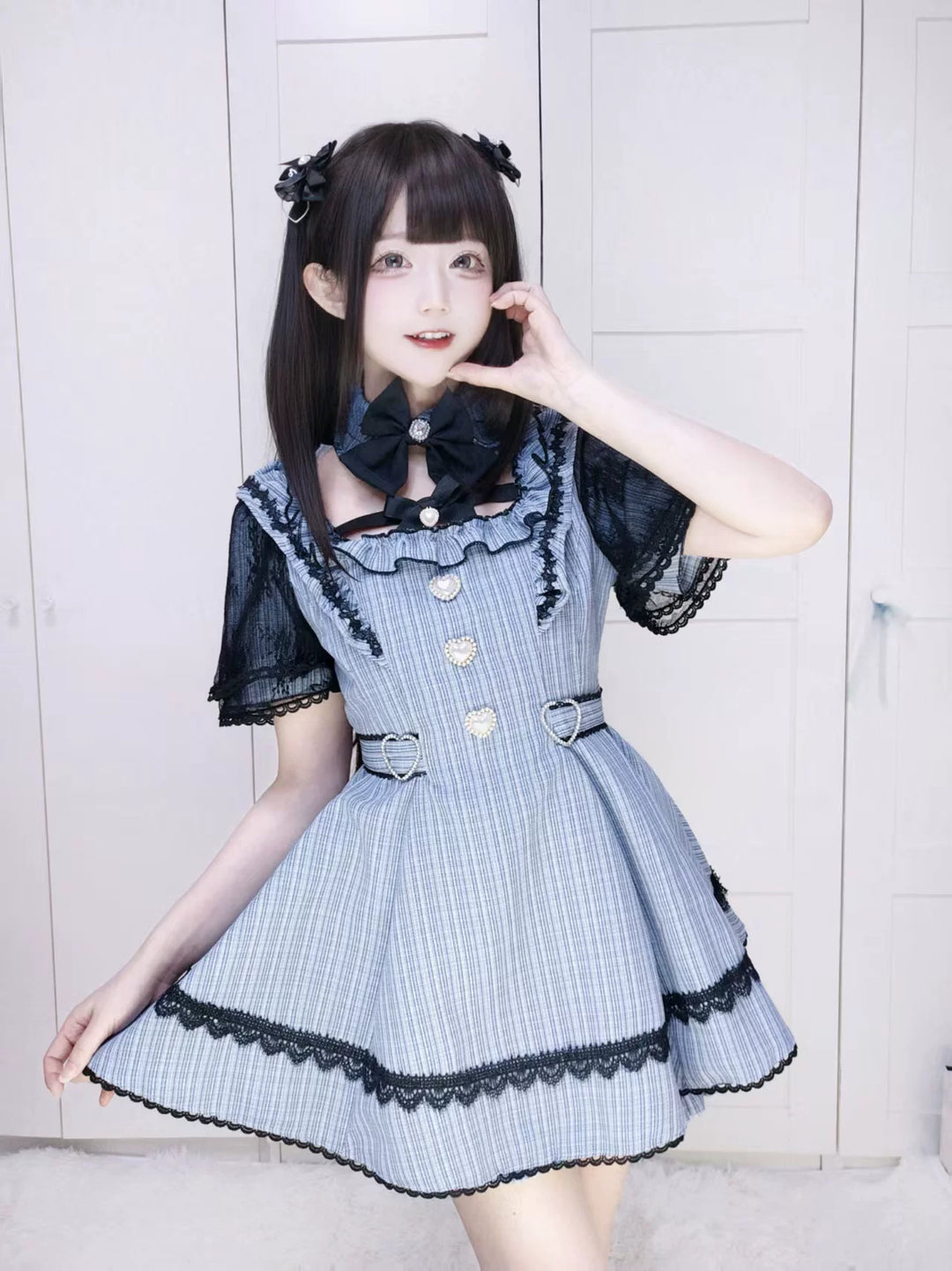 Jirai Kei Lace Sleeve Dress Set, Detachable Faux Collar 45261:842969