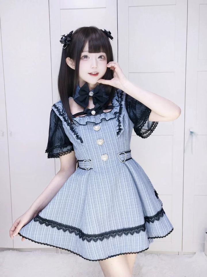 Jirai Kei Lace Sleeve Dress Set, Detachable Faux Collar 45261:842969