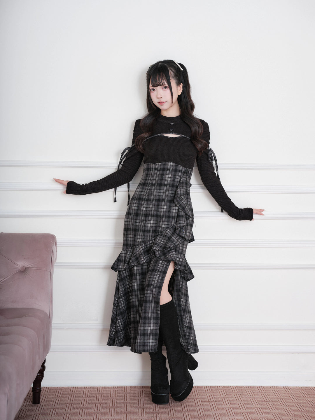 Jirai Kei Plaid Dress, Chest Cutout & Flounce Slit Hem (Black / M S) 45956:869340