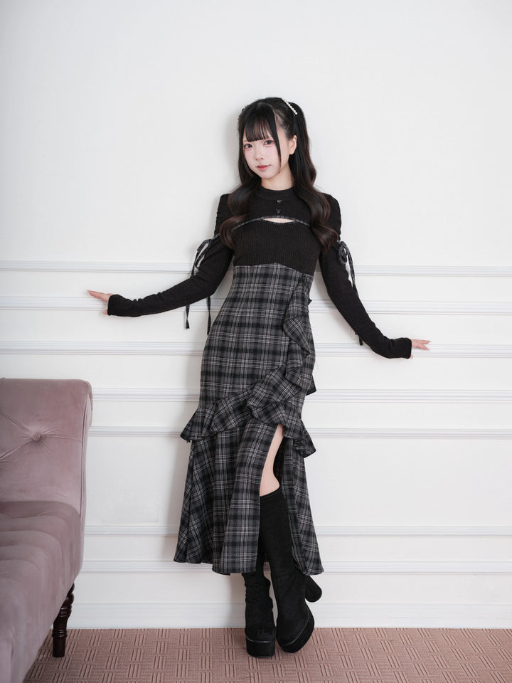 Jirai Kei Plaid Dress, Chest Cutout & Flounce Slit Hem (Black / M S) 45956:869340