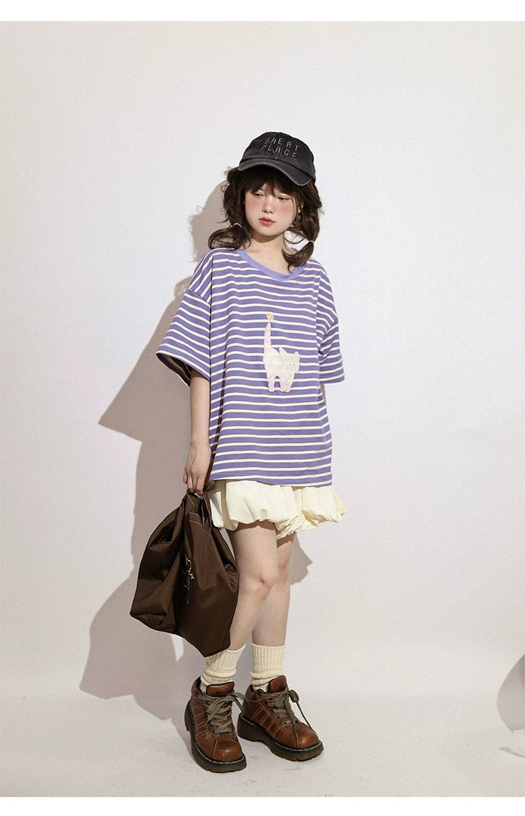 Kawaii Aesthetic Shirt Striped Short Sleeve Cotton Top 36562:518456