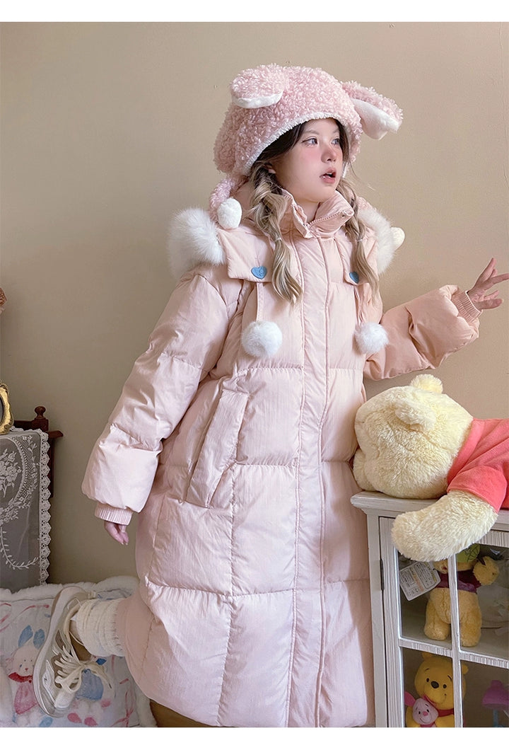 Kawaii Winter Coat Rabbit Ear Hooded Long Down Jacket 40340:665630