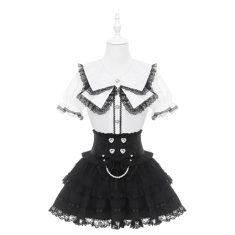Jirai Kei Sailor Collar Blouse, Cinched Waist Tiered Skirt 45571:855952