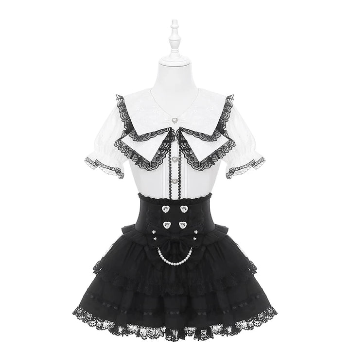 Jirai Kei Sailor Collar Blouse, Cinched Waist Tiered Skirt 45571:855952