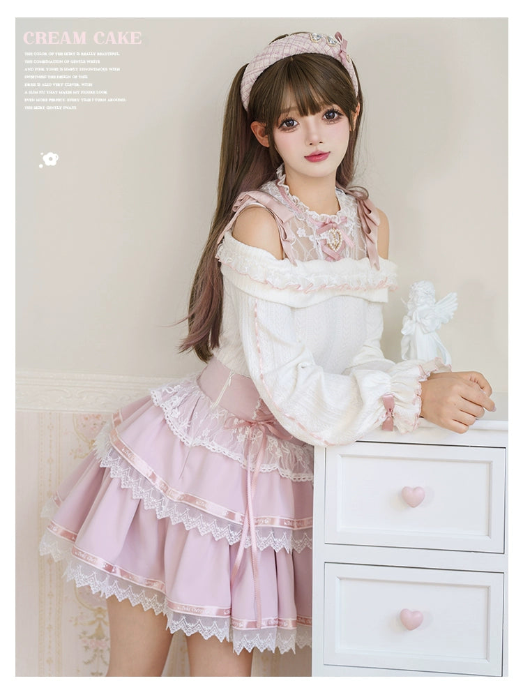 Jirai Kei Sweater Open-shoulder Sweater Pink Tiered Skirt 39408:628040