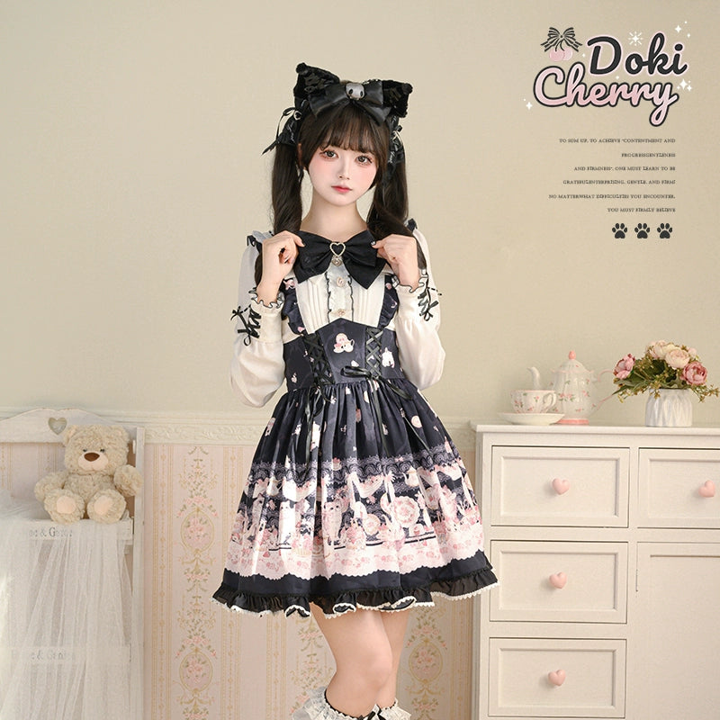 Kawaii Ryousangata Dress Long-sleeved Cat Printed OP Dress 40560:664818