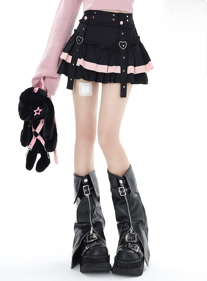 Gyaru Fashion Skirt Black Double-hem Skirt Heart Buckle Skirt 35792:577832