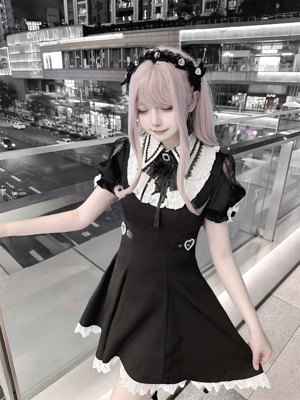 Jirai Kei A-line Dress, Black & White Color Block 45583:855119
