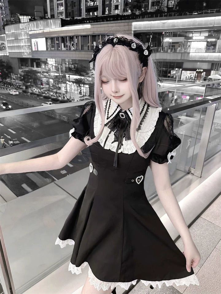 Jirai Kei A-line Dress, Black & White Color Block 45583:855119