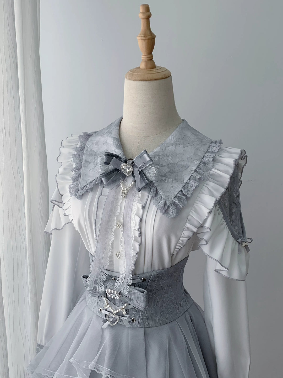 Ryousangata Long-Sleeved Blouse & Skirt Set, Lace & Rhinestone (L M S) 46073:874693