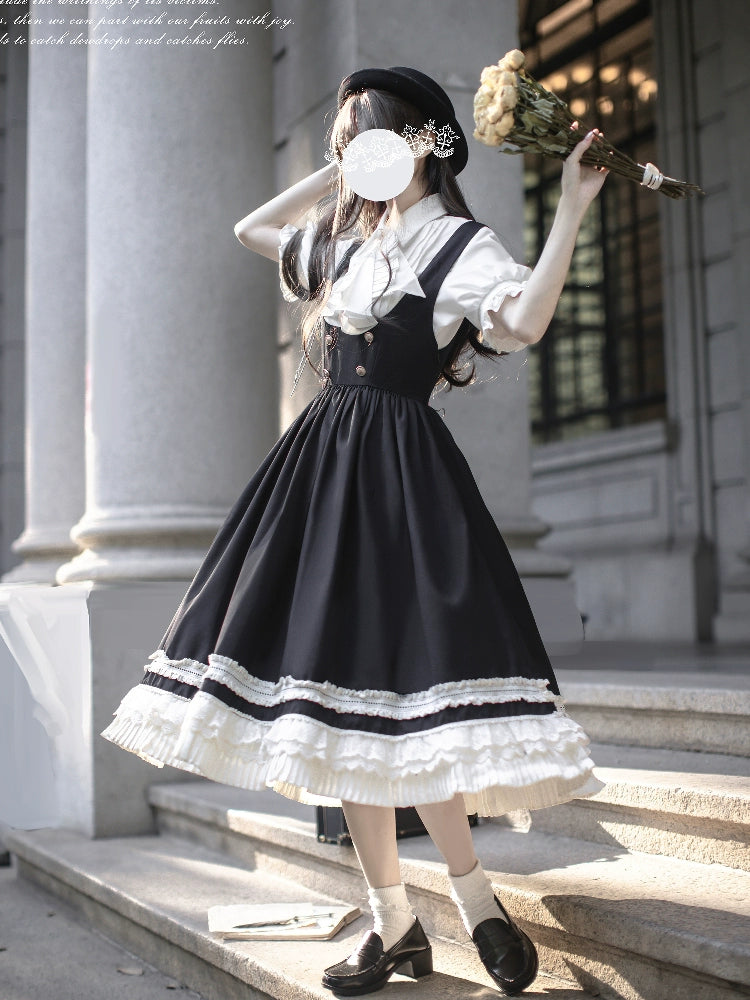 Black Preppy Style Jumper Dress, White Blouse 43508:778716
