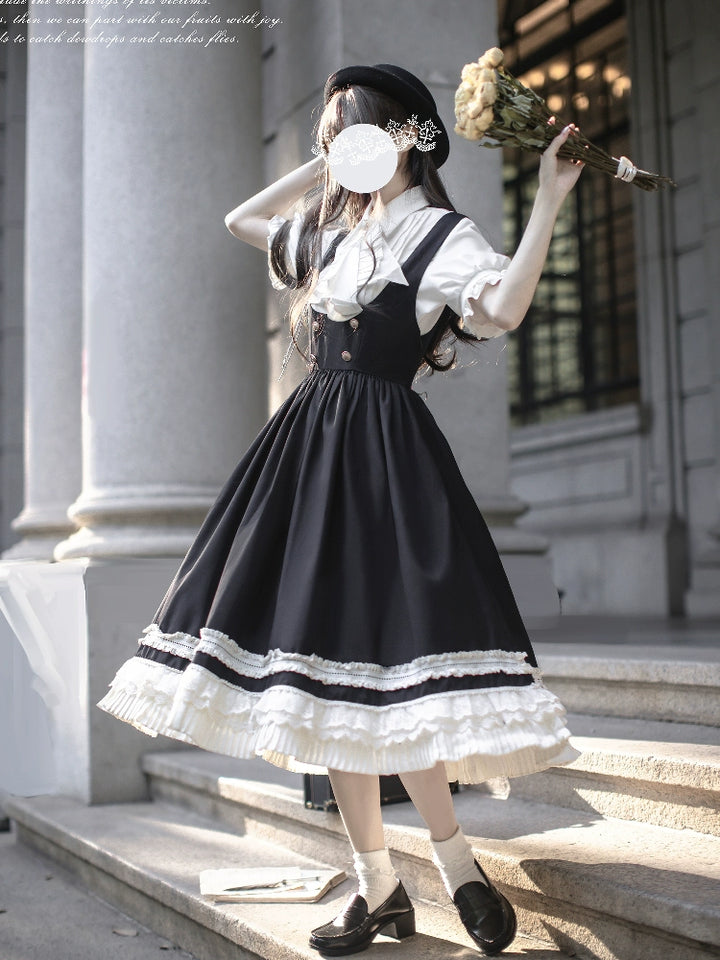 Black Preppy Style Jumper Dress, White Blouse 43508:778716