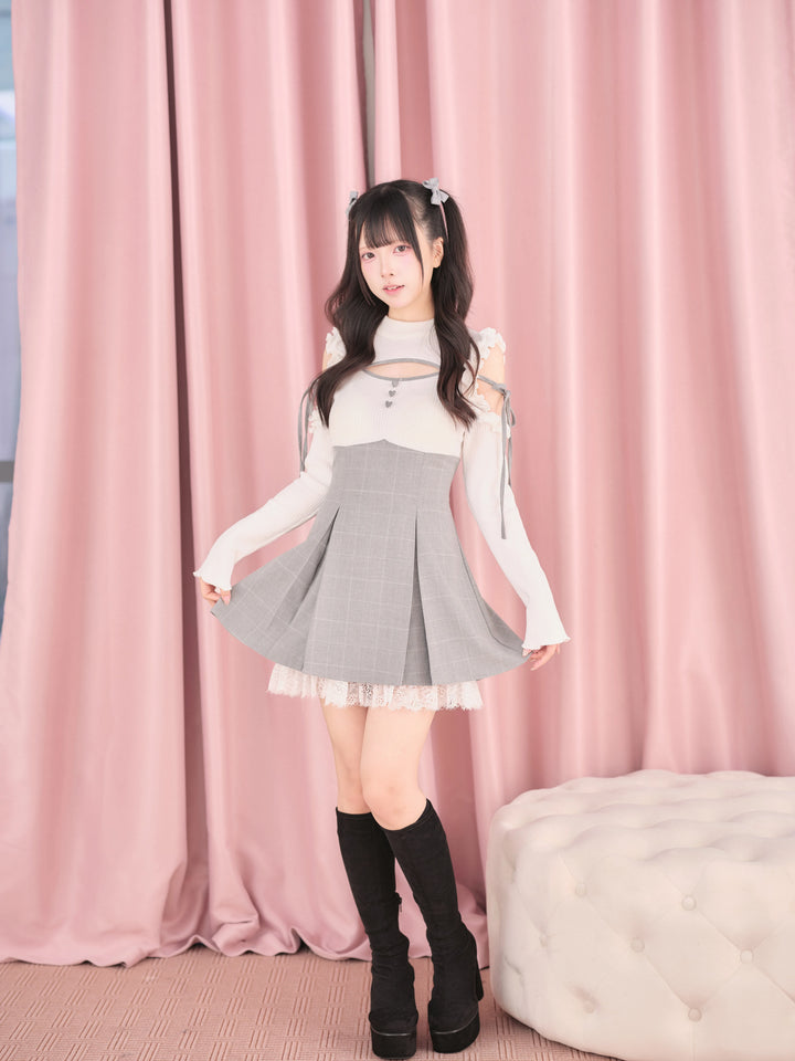 Jirai Kei Open Shoulder Plaid Dress, Chest Cutout 45957:869815
