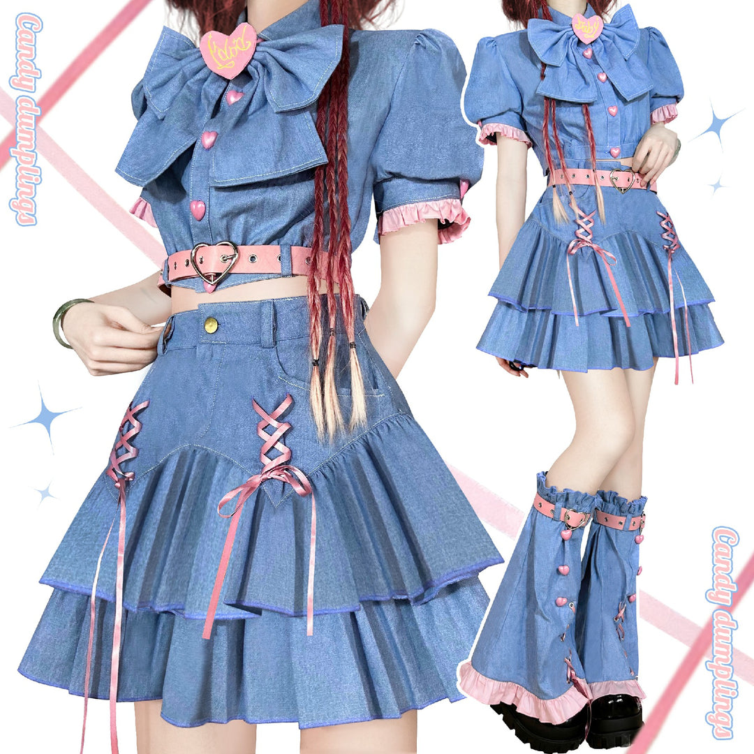 Y2K Denim Skirt Set Gyaru Fashion Blue Black Set (2XL L M S XL) 22778:334332