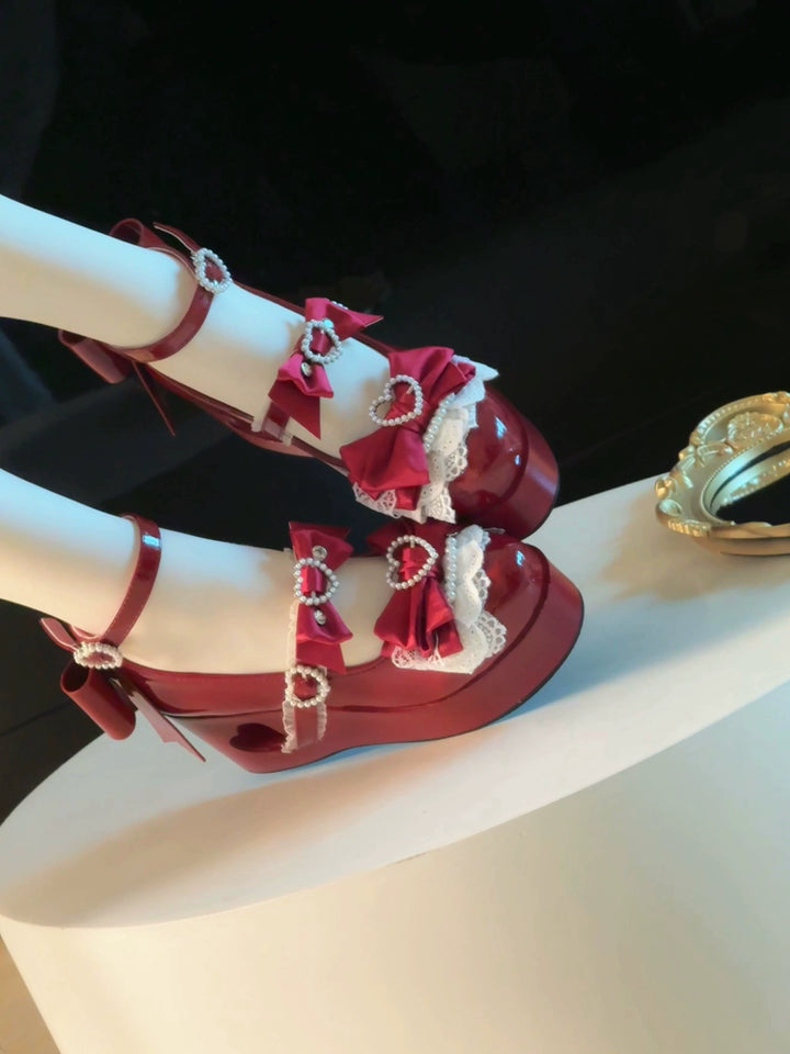 Sweet Lolita Platform Shoes, Bow and Heart-Shaped Pearl 45357:846089