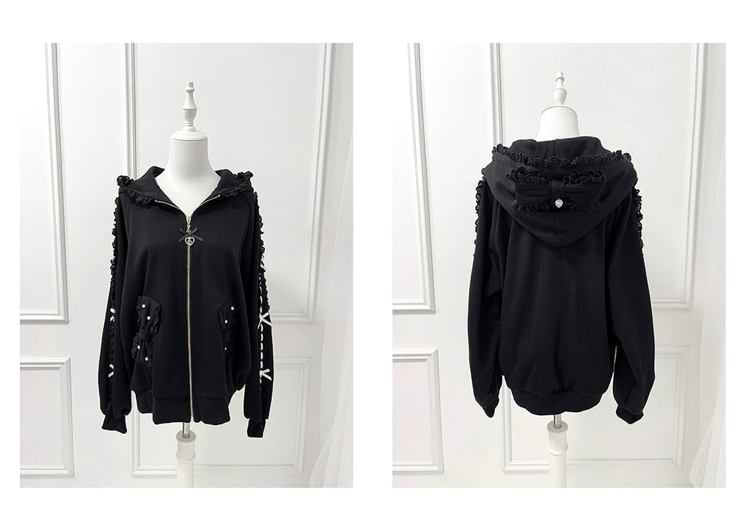 Jirai Kei Zip-Up Hoodie, Ruffle Lace and Bows 44176:800887