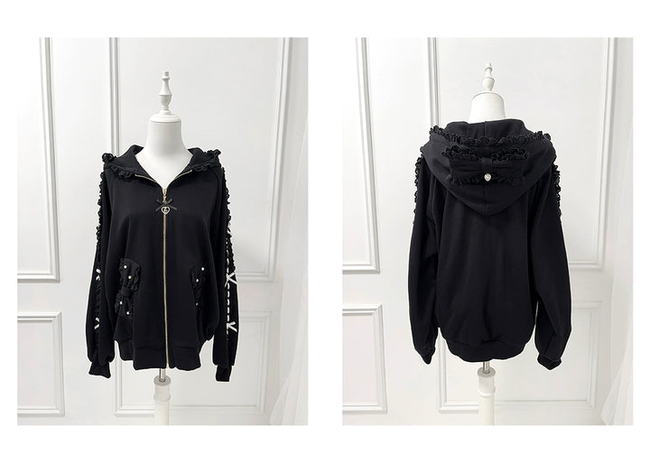 Jirai Kei Zip-Up Hoodie, Ruffle Lace and Bows 44176:800887