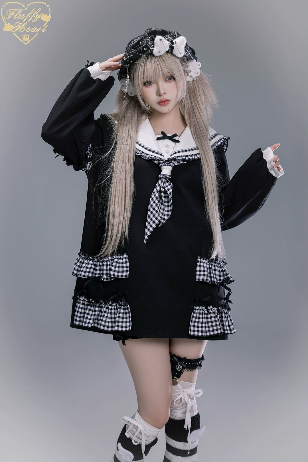 Kawaii Sailor Collar Sweatshirt, Plaid Neckercheif (Black / L S) 43867:790586