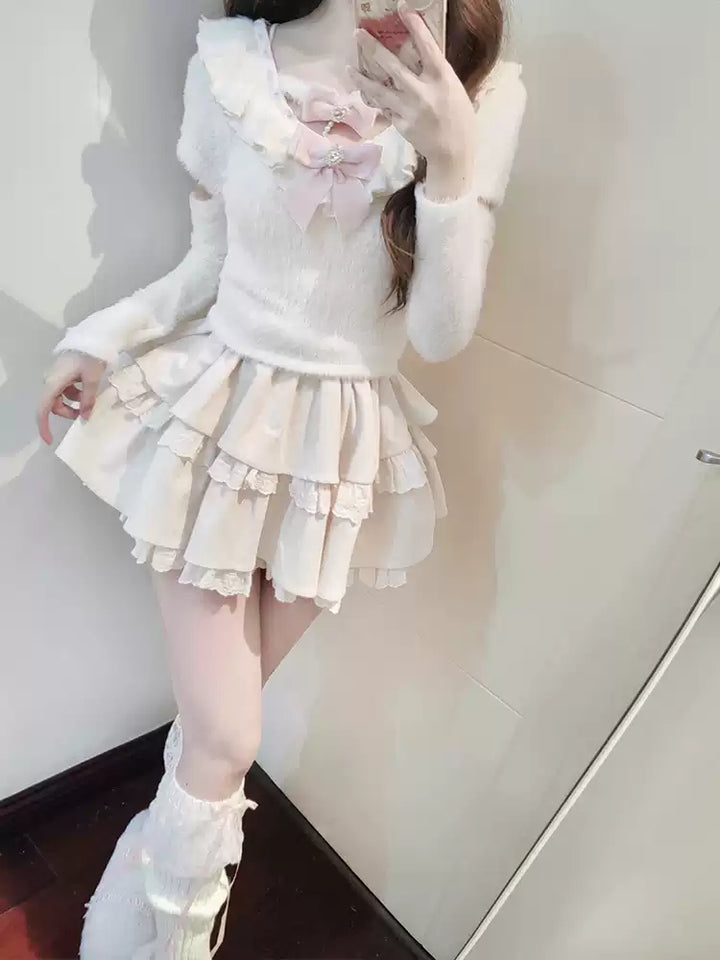 Sweet Kawaii White Sweater Cake Skirt Set 41556:703752