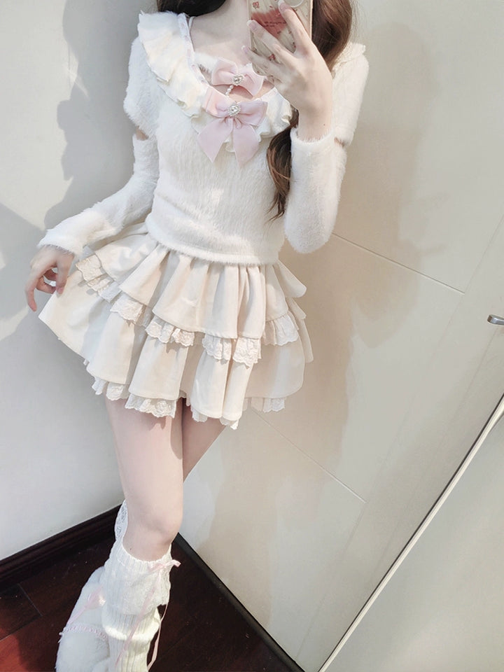 Sweet Kawaii White Sweater Cake Skirt Set 41556:703684