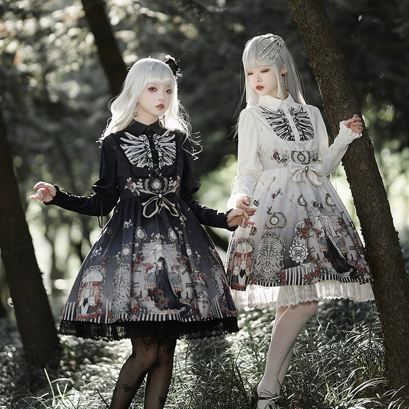 Gothic Lolita Dress Set Black White Lolita Blouse Dress Set 35536:495610